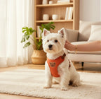 Mincy Pets breathable orange dog harness with a cute bear patch worn by a white West Highland Terrier