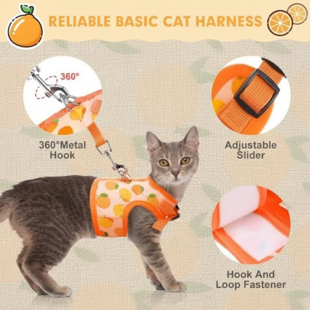 Mincy Pets orange cat harness with cute fruit print, featuring a 360-degree metal hook, adjustable slider, and velcro.