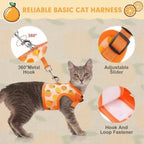 Mincy Pets orange cat harness with cute fruit print, featuring a 360-degree metal hook, adjustable slider, and velcro.