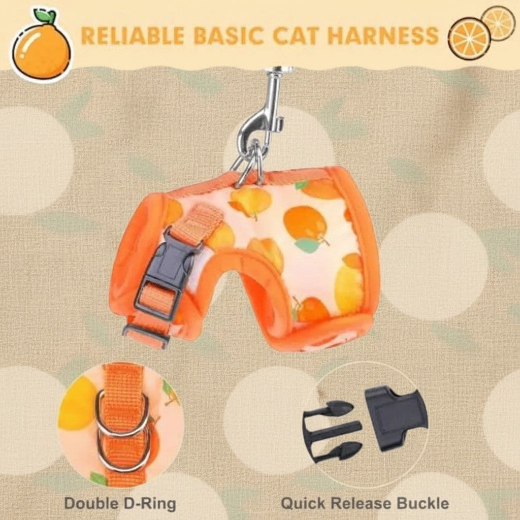 Mincy Pets orange fruit print mesh cat harness with double D-ring and quick release buckle for secure walking