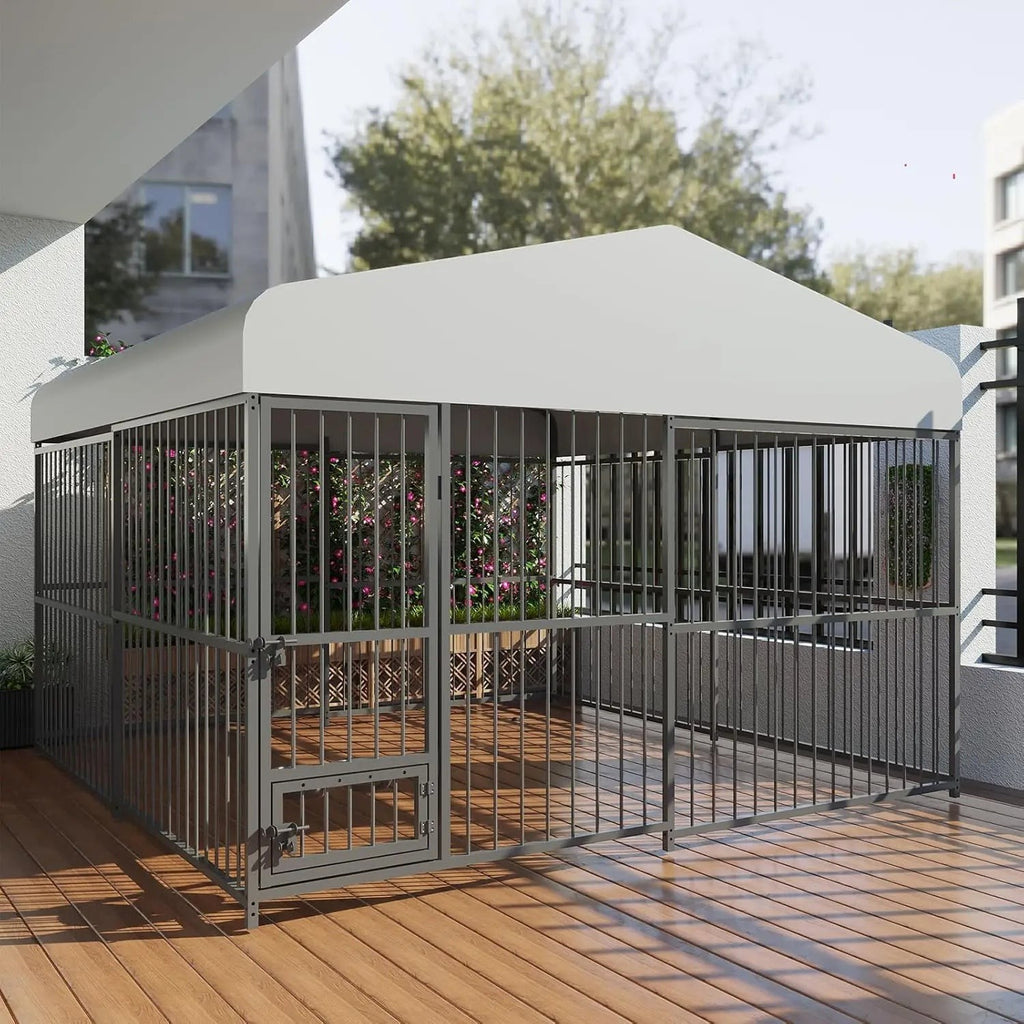 Mincy Pets 10x10ft outdoor dog kennel with a grey iron frame, secure door, and waterproof UV-resistant roof cover.
