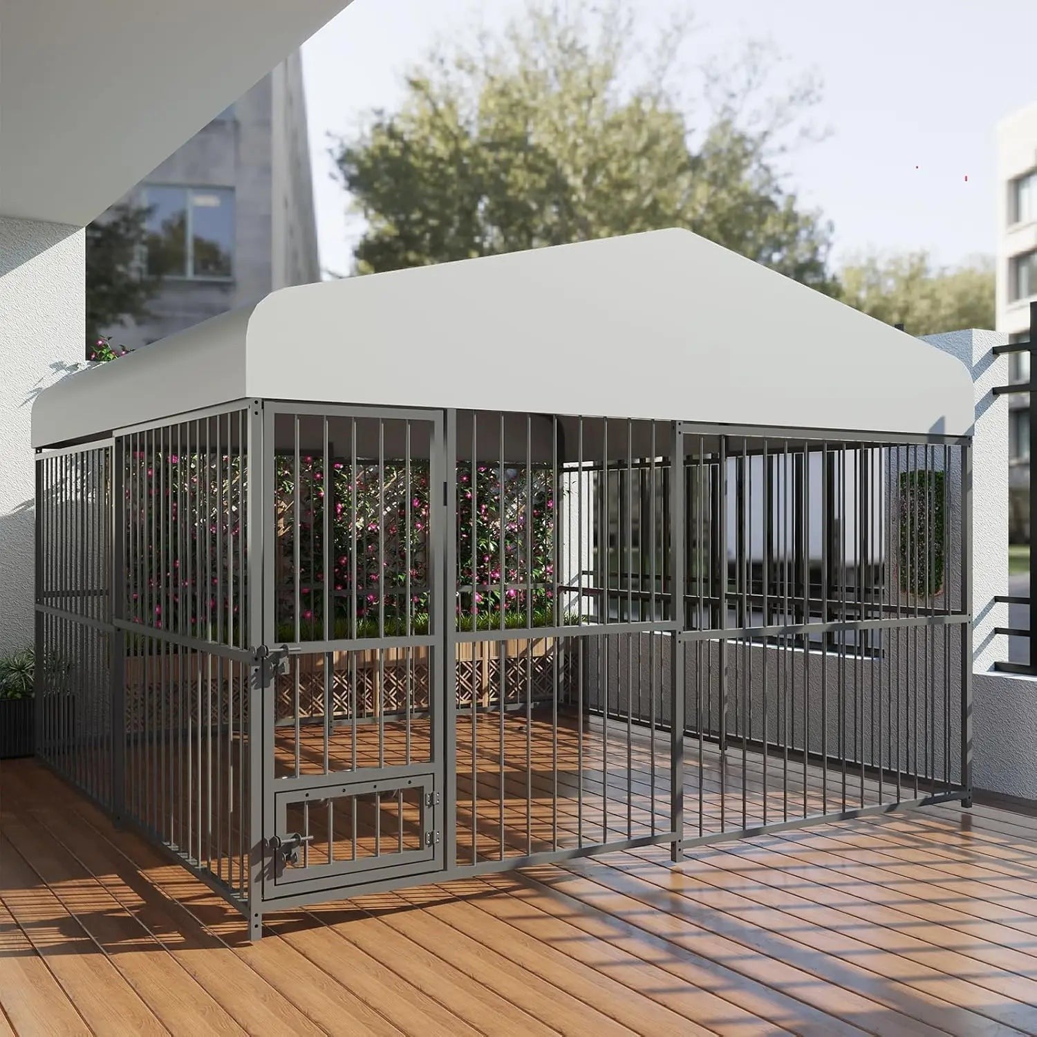 Mincy Pets 10x10ft outdoor dog kennel with a grey iron frame, secure door, and waterproof UV-resistant roof cover.