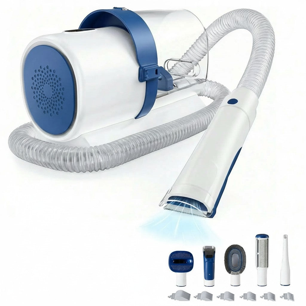 Mincy Pets grooming vacuum kit in white and blue with five professional attachments and cordless clippers for pets