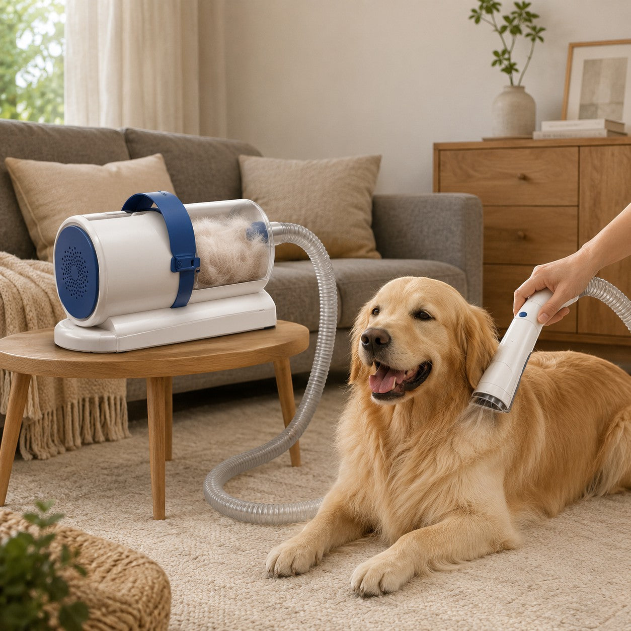 Mincy Pets grooming vacuum kit with blue and white unit brushing a golden retriever on a living room rug