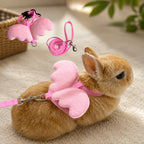 Mincy Pets pink angel wing harness and leash set on a cute brown rabbit for comfortable walking and style