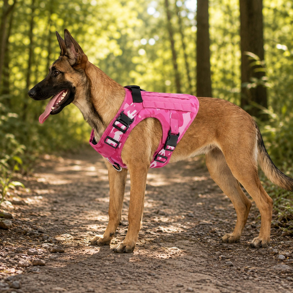Mincy Pets pink camouflage tactical dog harness on a German Shepherd standing on a forest trail