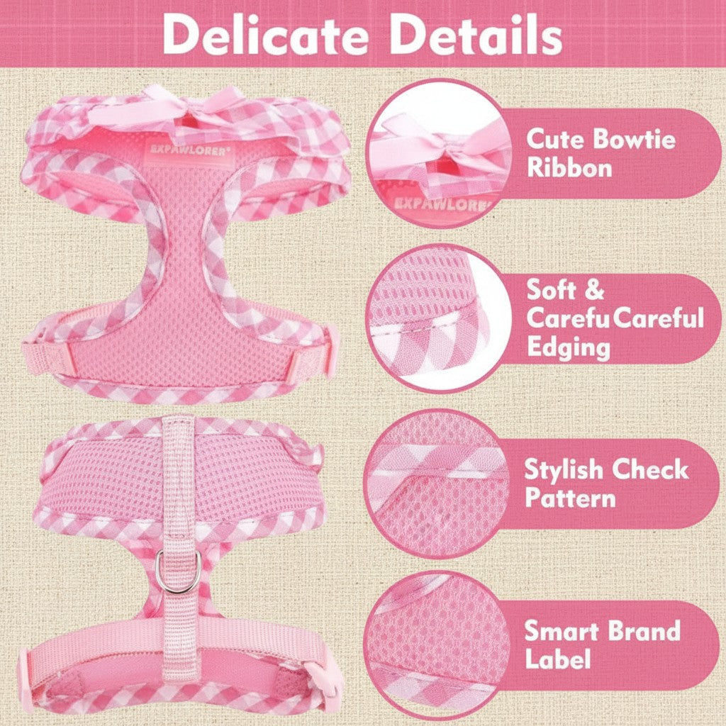Mincy Pets pink checkered dog harness with a cute bow, breathable mesh fabric, and adjustable step-in design