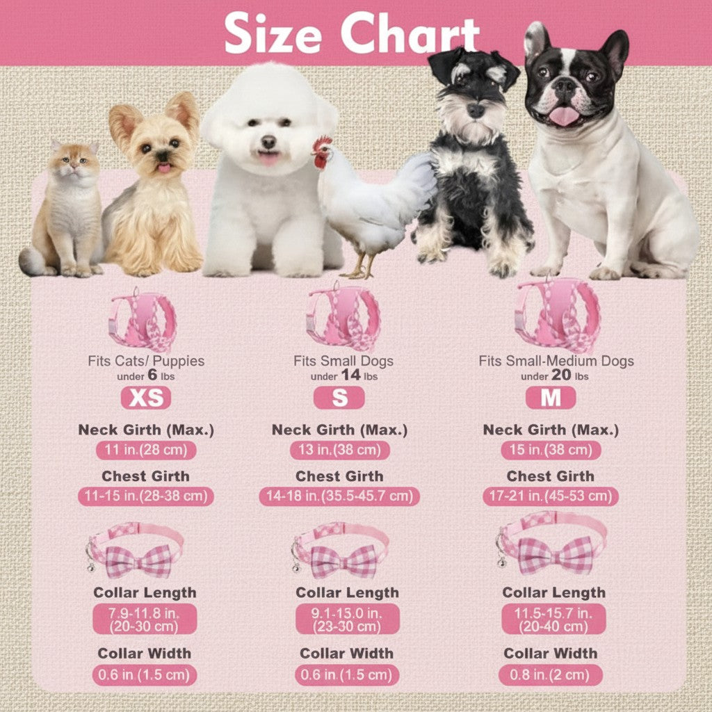 Mincy Pets pink checkered dog harness and collar size chart for small dogs and puppies with measurement guide