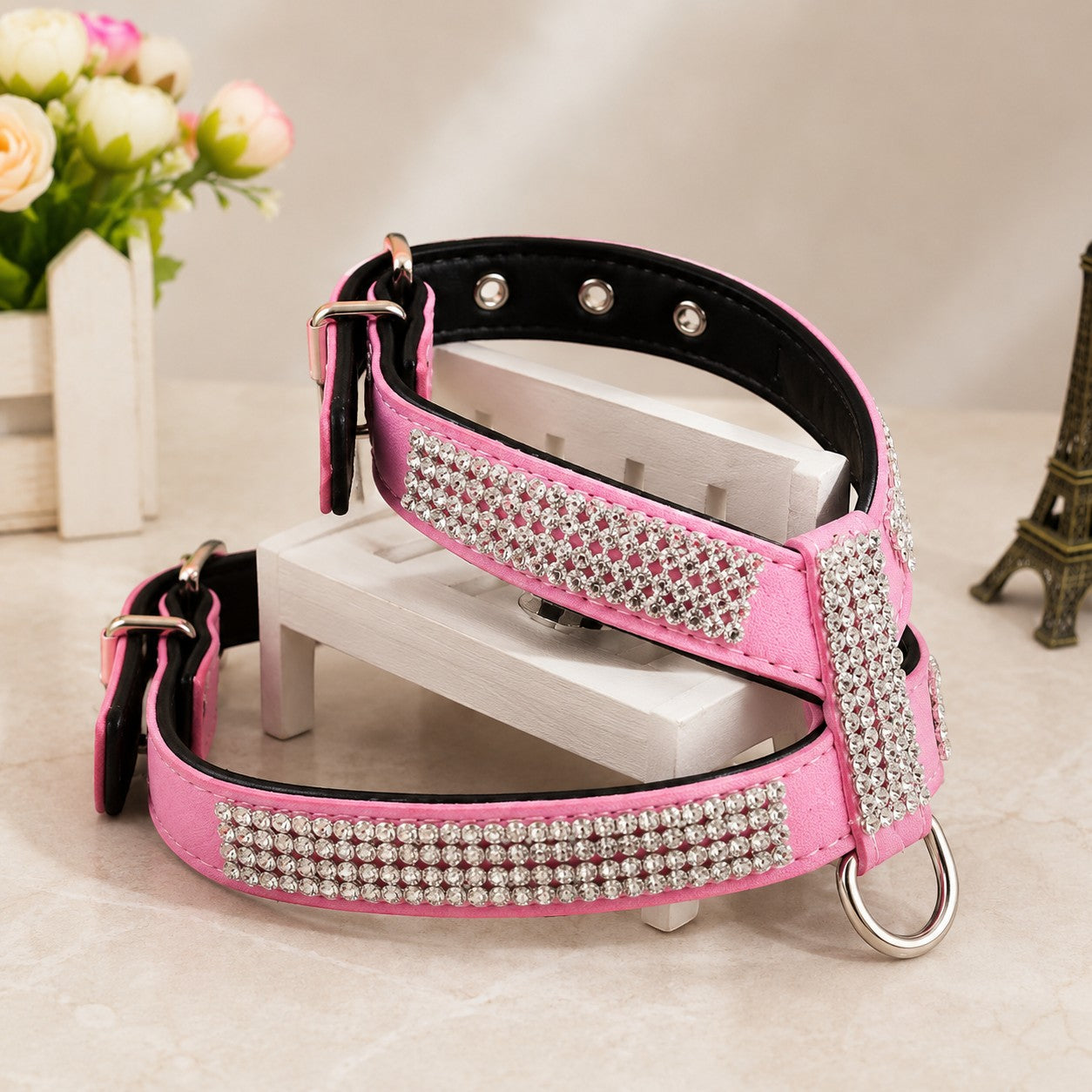 Mincy Pets pink leather puppy collar with sparkling diamante crystals and silver hardware for small dogs