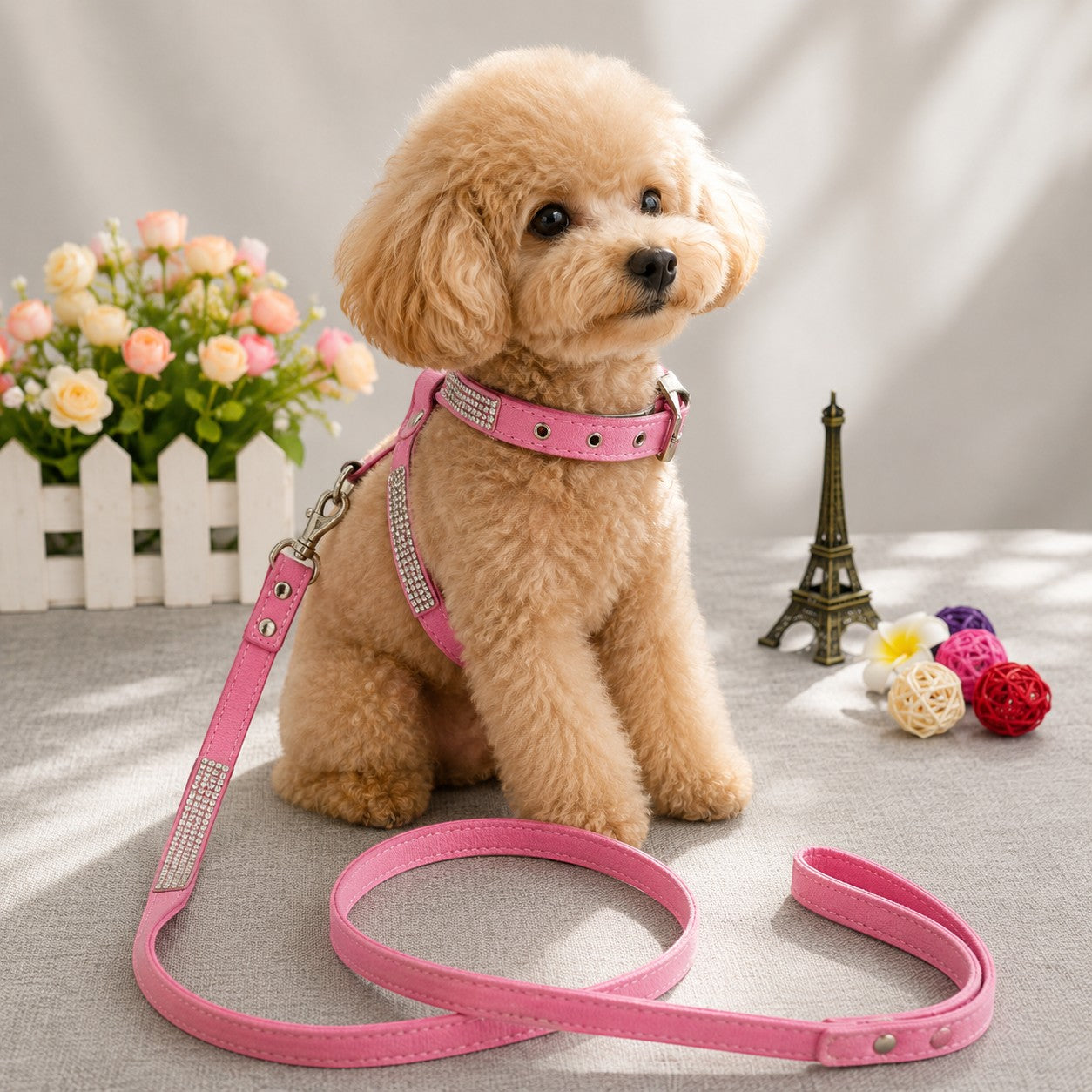Mincy Pets pink puppy harness and leash set with sparkling diamante embellishments worn by a small poodle