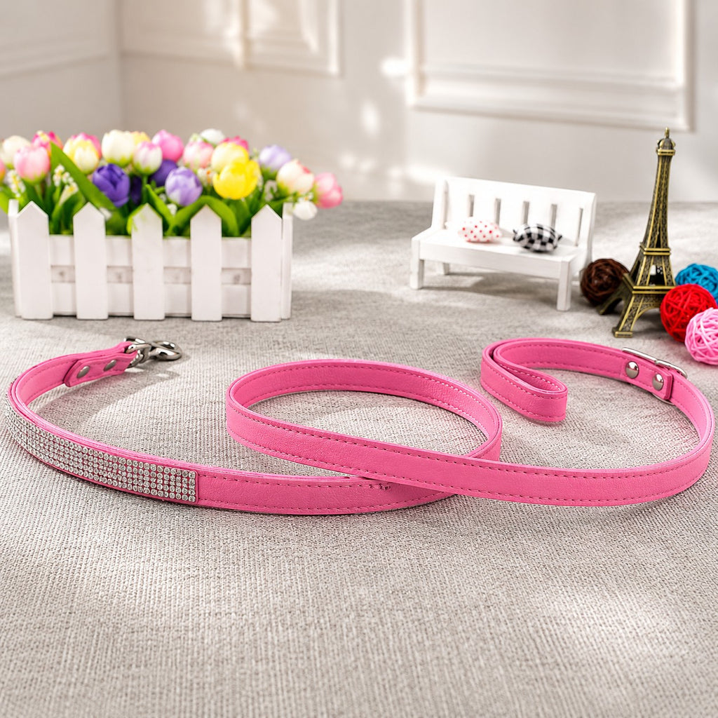Mincy Pets pink leather dog leash featuring a sparkling diamante crystal inlay for small dogs and puppies