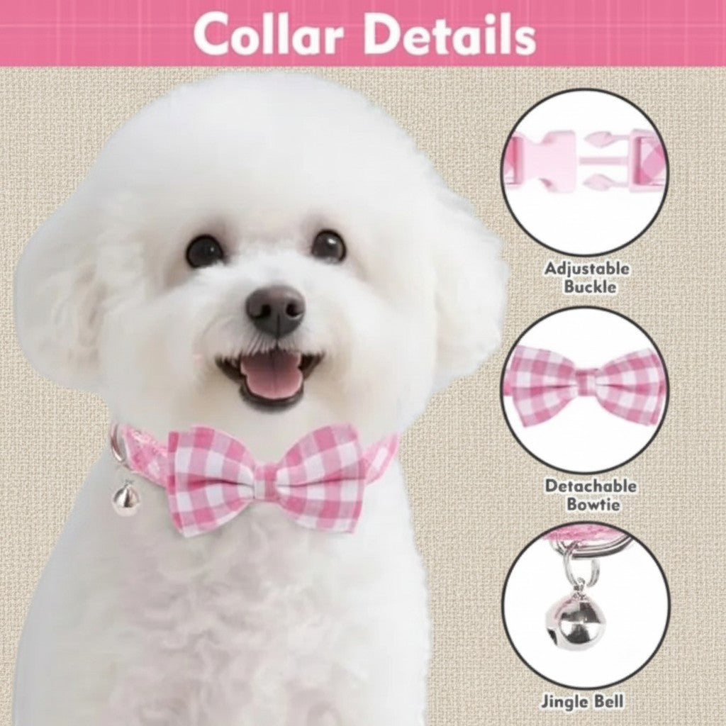 Mincy Pets pink gingham dog collar with detachable bow, adjustable buckle, and jingle bell on a white puppy