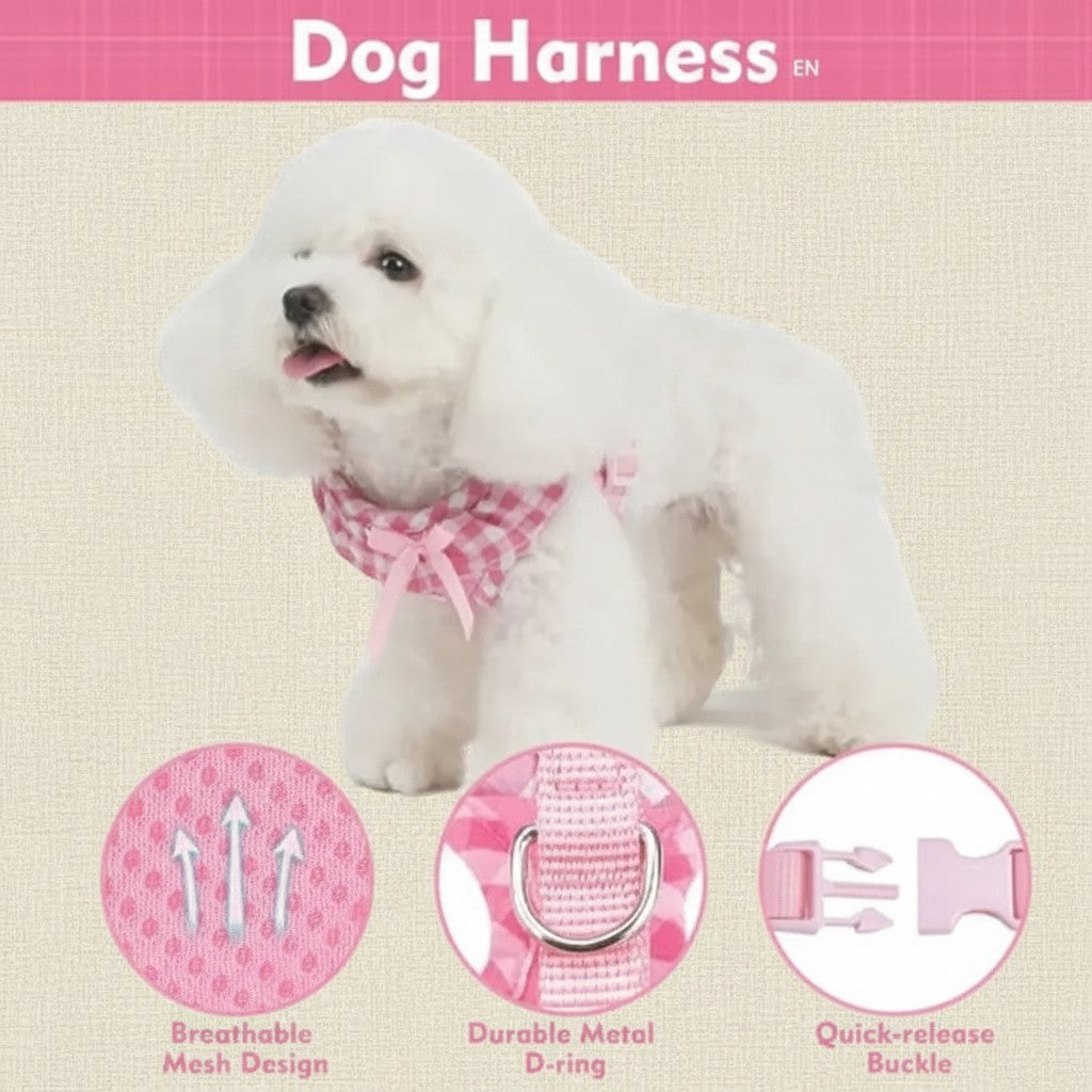 Mincy Pets pink gingham dog harness on a white poodle with breathable mesh, metal D-ring, and quick-release buckle