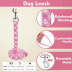 Mincy Pets pink gingham dog leash with reinforced stitching, comfortable handle, and 360-degree rotatable metal clip