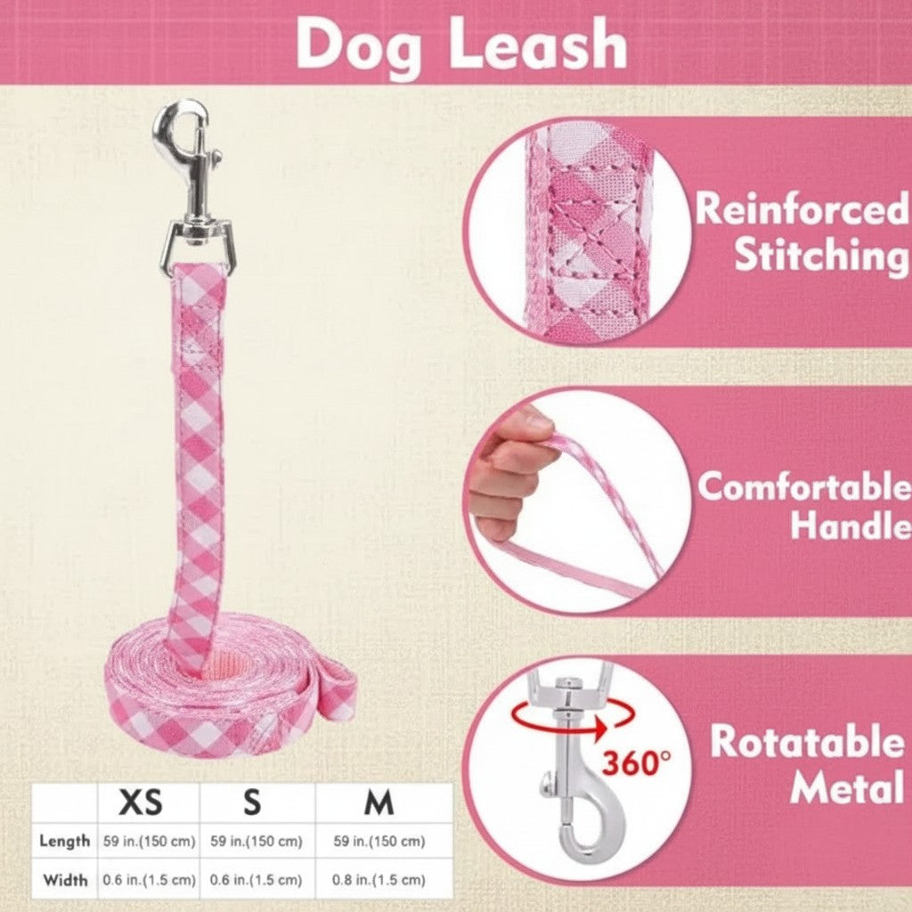 Mincy Pets pink gingham dog leash with reinforced stitching, comfortable handle, and 360-degree rotatable metal clip