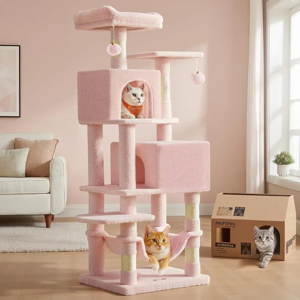 Mincy Pets tall jelly pink multi-level cat tree with two caves, perches, a hammock, and scratching posts in a living room