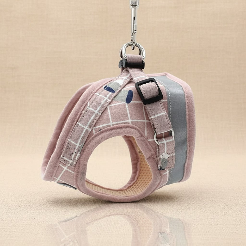 Mincy Pets pink plaid nylon puppy harness vest with reflective trim and matching leash for small dogs and cats