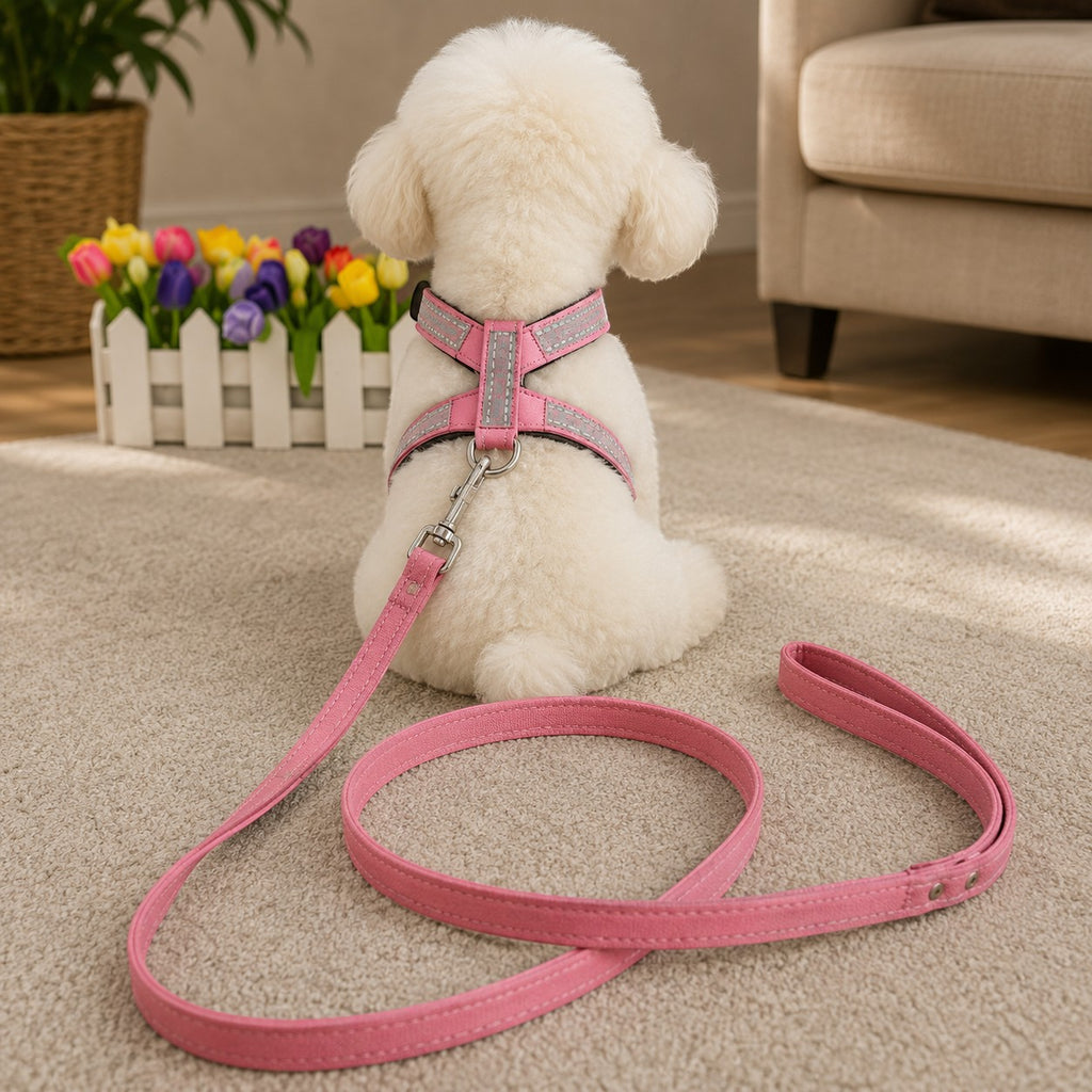Mincy Pets pink puppy harness and matching leash on a small white dog with reflective trim