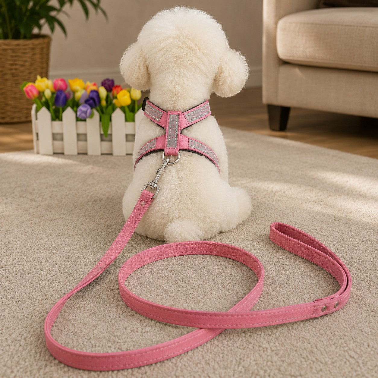 Mincy Pets pink puppy harness and matching leash on a small white dog with reflective trim