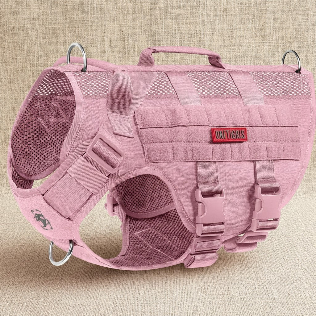 Mincy Pets pink tactical dog harness with MOLLE panels, breathable mesh, and stainless steel D-rings for small dogs.
