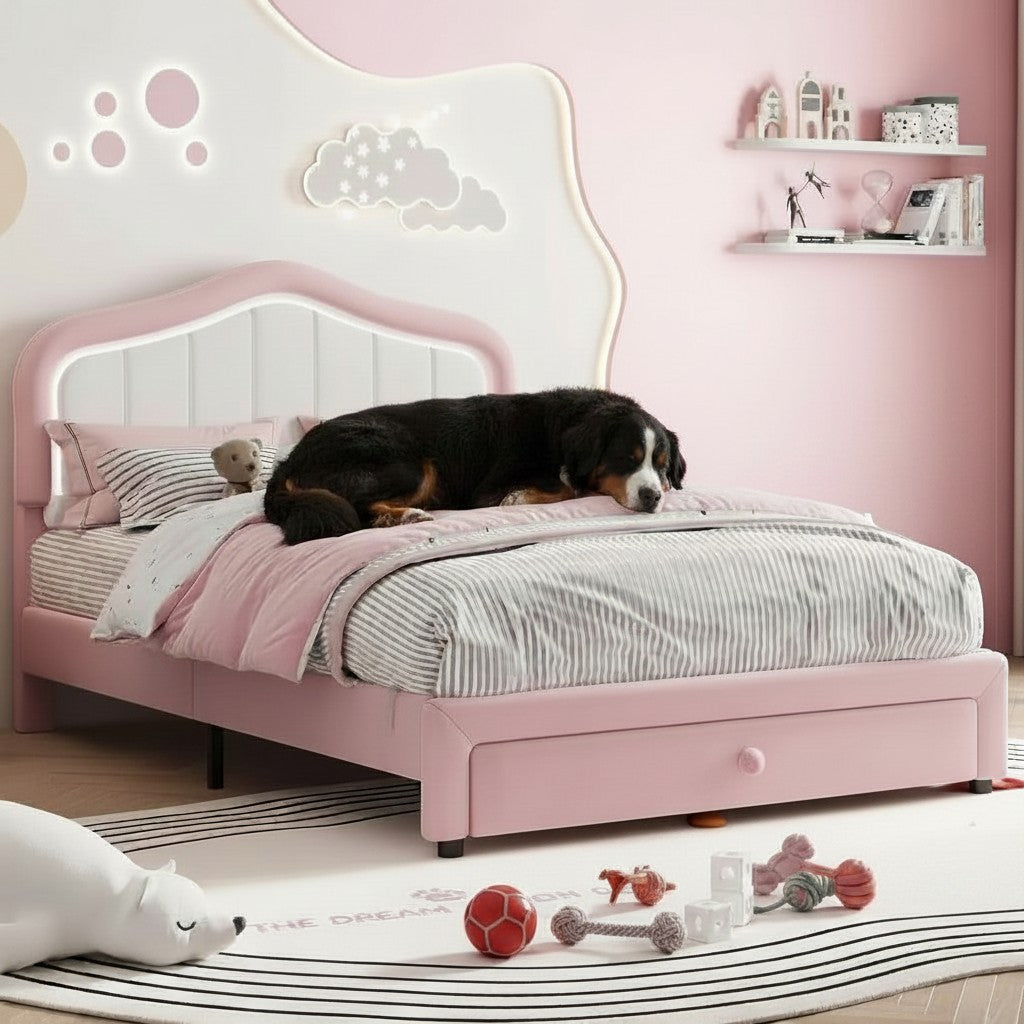 Mincy Pets pink upholstered kids bed with LED crown headboard and storage drawer, featuring a dog sleeping on top.