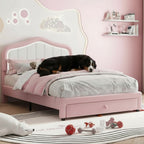 Mincy Pets pink upholstered kids bed with LED crown headboard and storage drawer, featuring a dog sleeping on top.
