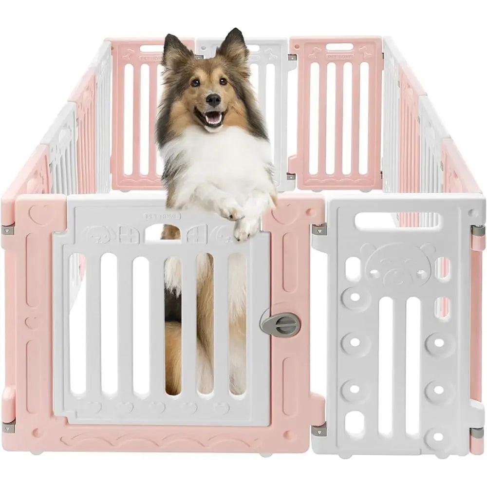 Mincy Pets 13-panel pink and white HDPE dog playpen with a secure locking door for small to medium pets