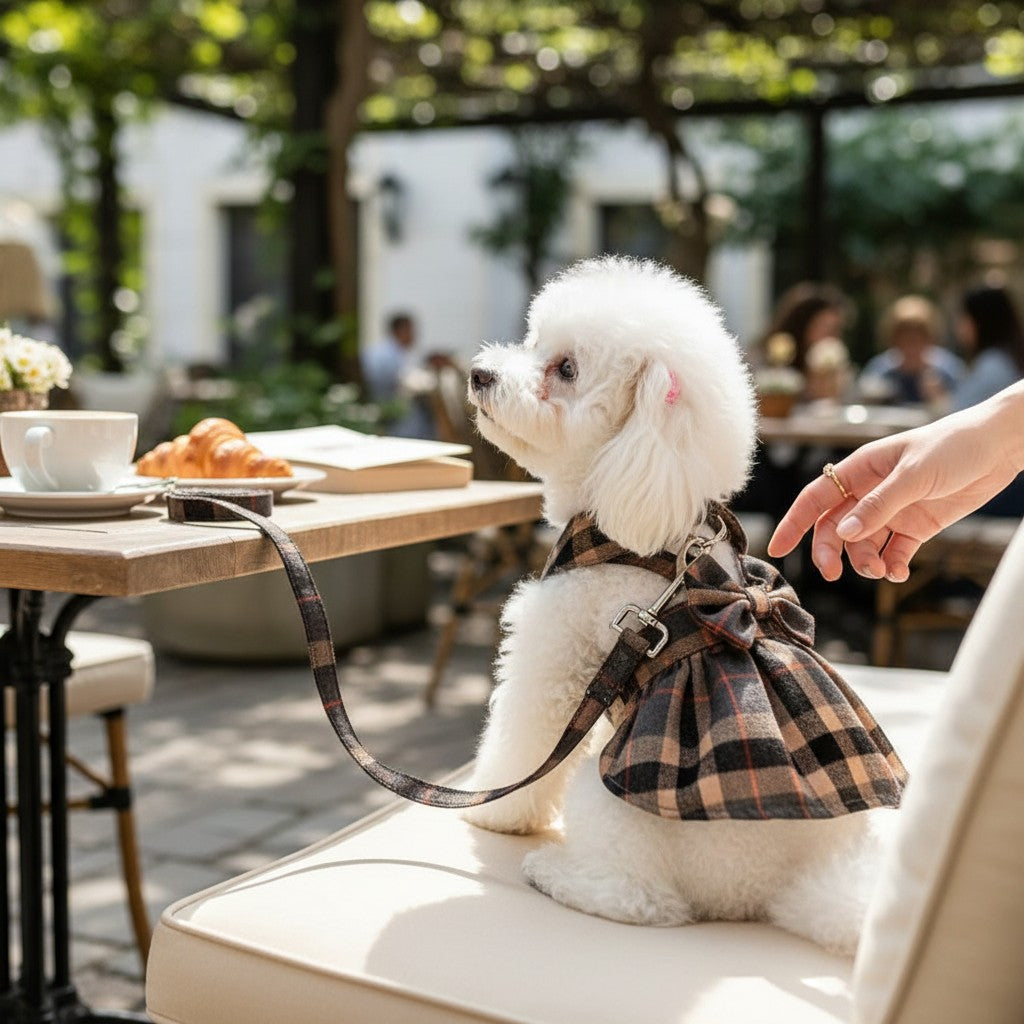 Mincy Pets plaid dog dress with back bow and leash attachment worn by a white Bichon Frise at an outdoor cafe