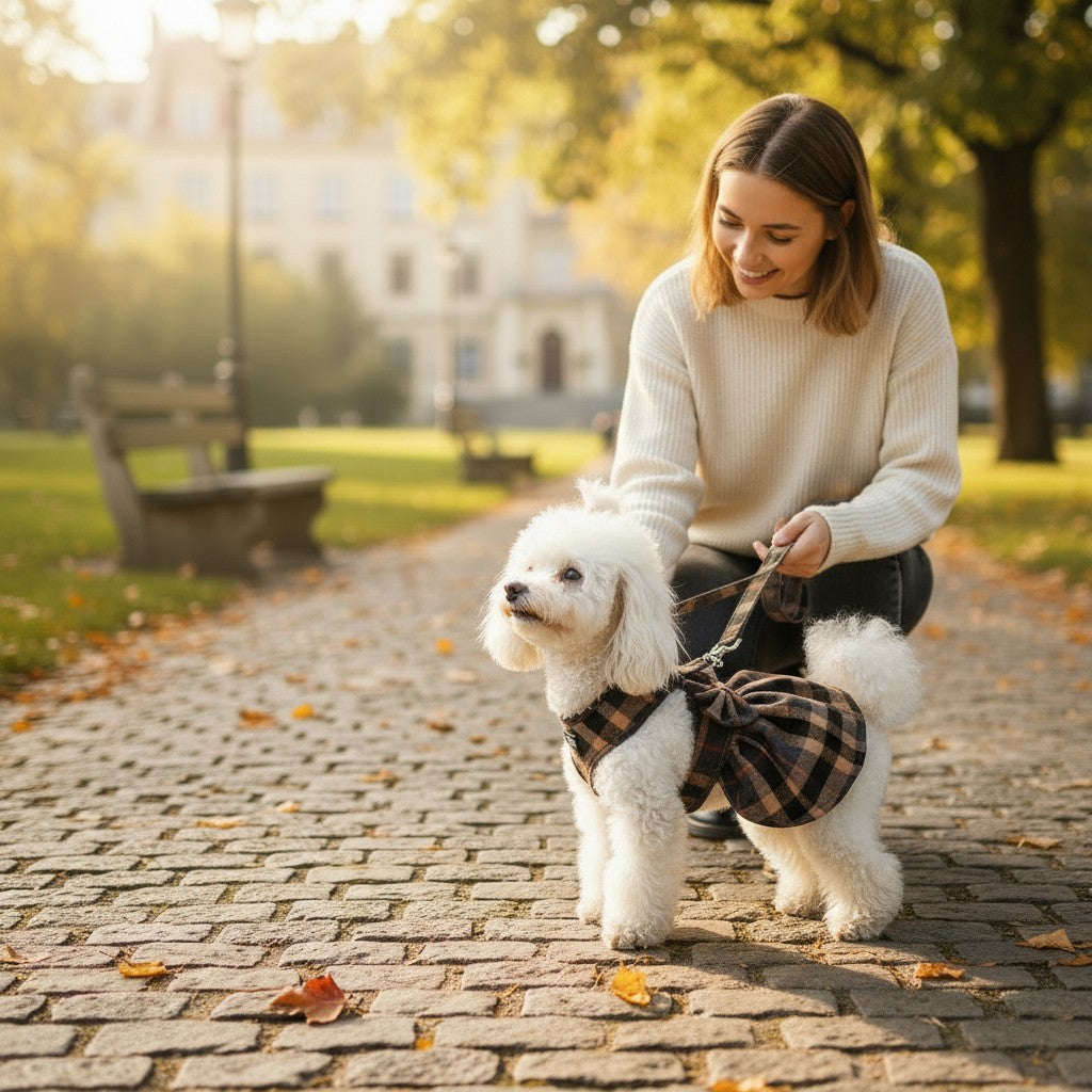 Mincy Pets plaid dog dress with back bow and leash attachment worn by a white poodle in a park