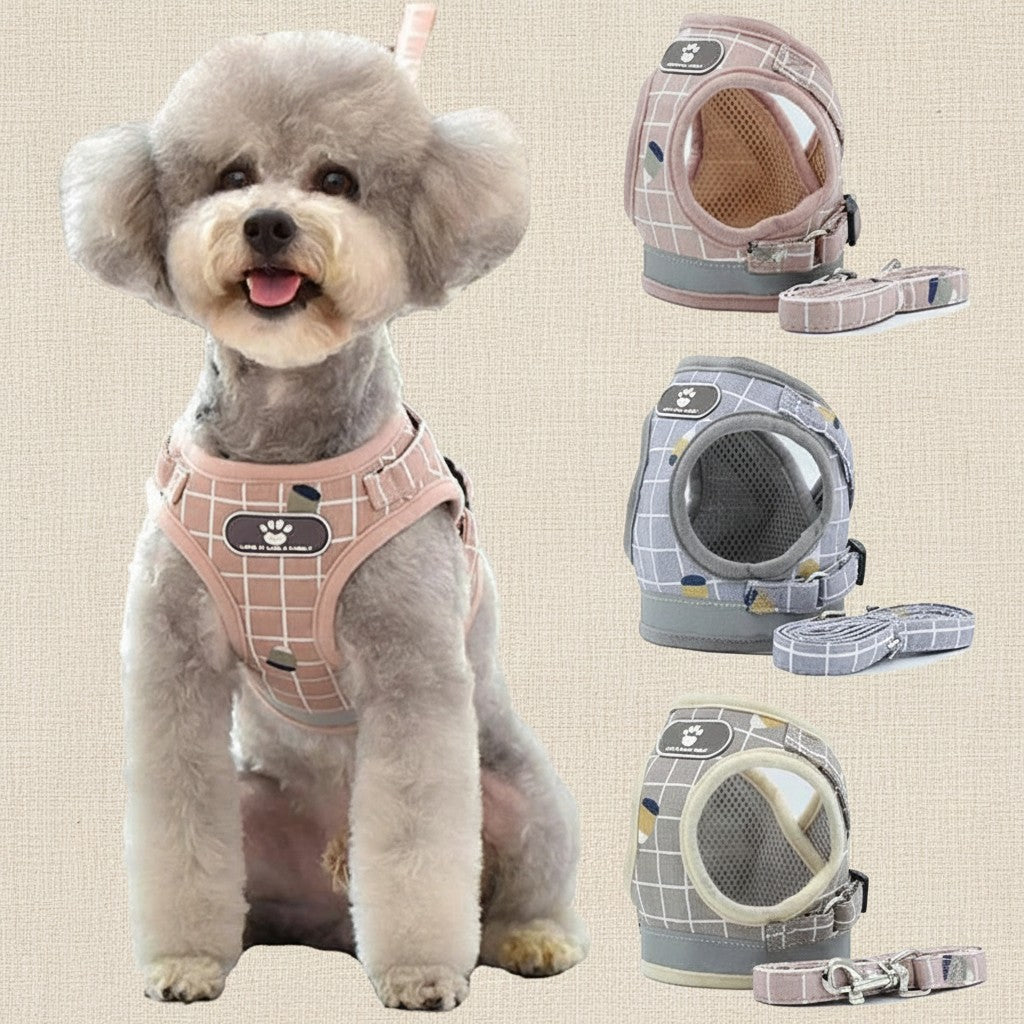 Mincy Pets breathable plaid nylon puppy harness and leash set with reflective trim for safe walking