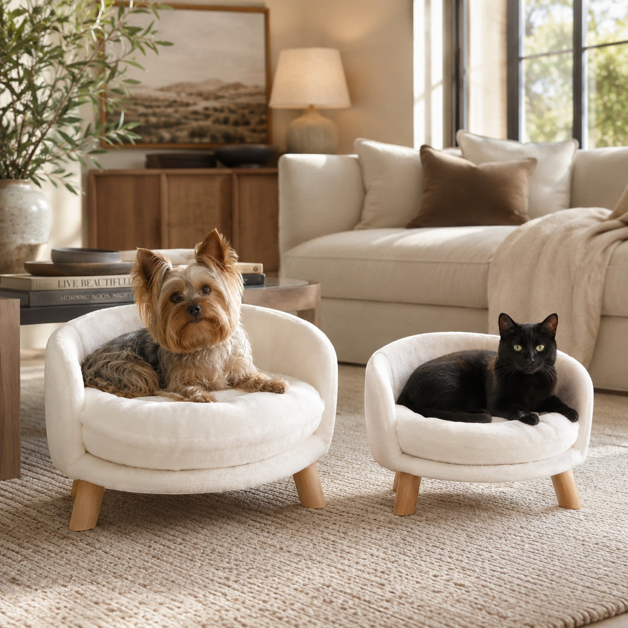 Mincy Pets plush nesting chairs for cats and dogs with white cushions and light wood legs in a cozy living room