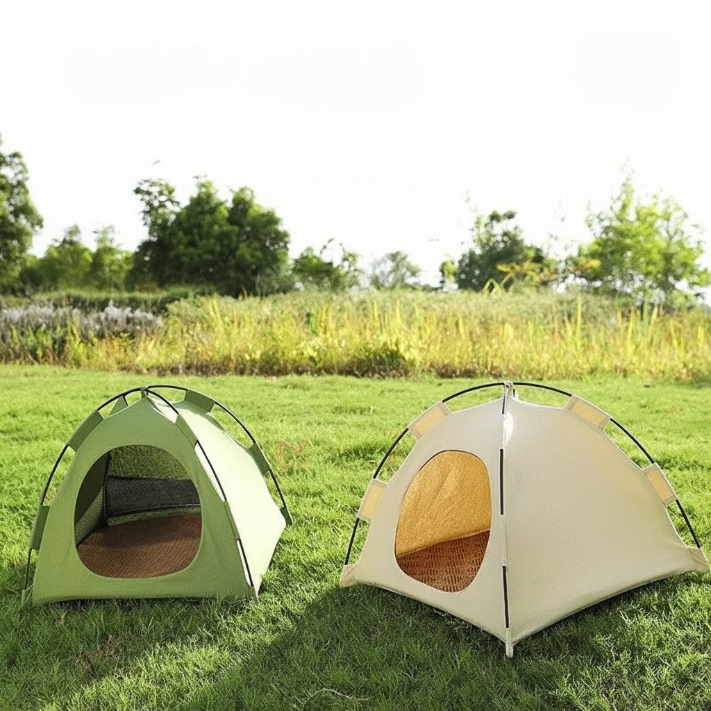 Mincy Pets portable cat tent beds in green and beige, made of breathable Oxford fabric for indoor or outdoor use.