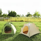 Mincy Pets portable cat tent beds in green and beige, made of breathable Oxford fabric for indoor or outdoor use.