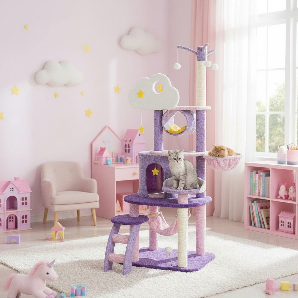 Mincy Pets 65-inch purple and pink cloud-themed cat tree with scratching posts, hammock, and condo in a playroom.