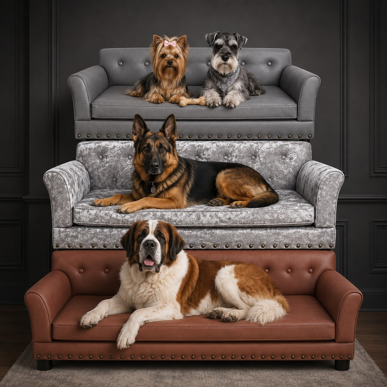 Mincy Pets raised cushioned pet sofa beds in grey, silver velvet, and brown leather with nailhead trim and dogs.