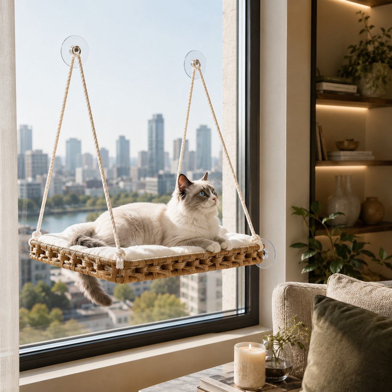Mincy Pets handwoven PE rattan cat window perch with a soft cushion and strong suction cups, featuring a resting cat.