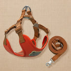 Mincy Pets breathable polyester dog harness and leash set in red and brown with a cute bear pattern