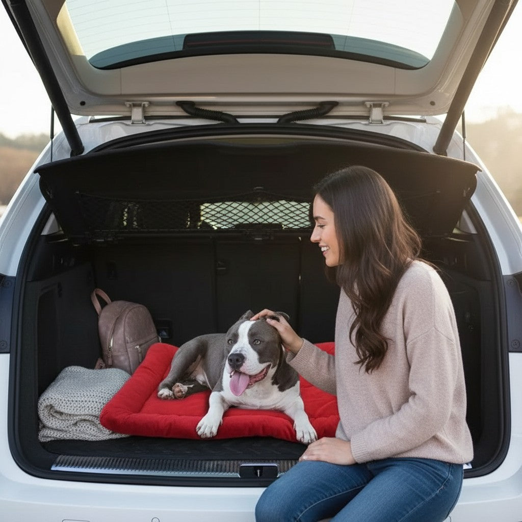 Mincy Pets waterproof red dog travel mat in a car trunk with a woman petting her dog during a road trip