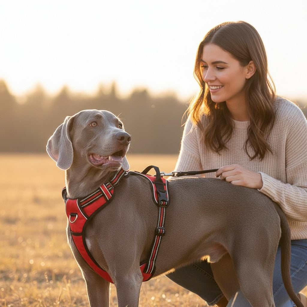 Mincy Pets reflective red nylon dog harness worn by a Weimaraner during an outdoor walk with its owner