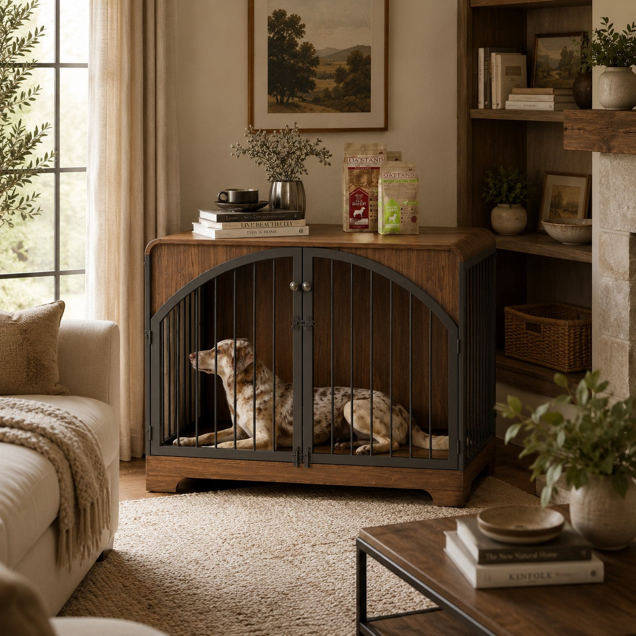 Mincy Pets retro brown wooden dog kennel end table with black metal bars and a dog resting inside a cozy living room