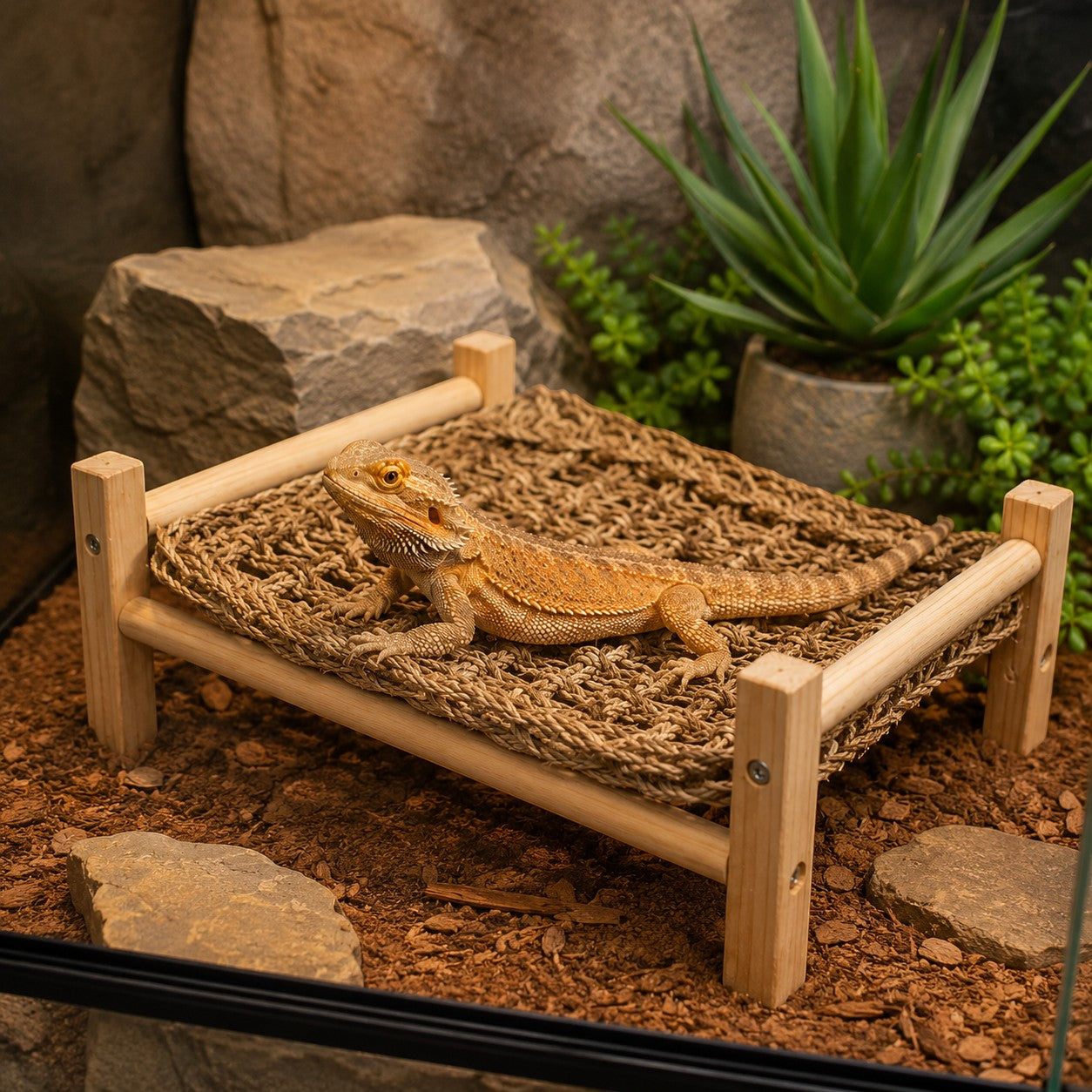 Mincy Pets reptile basking hammock made of natural wood and woven seagrass with a bearded dragon resting on top.
