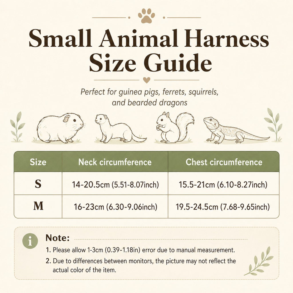 Mincy Pets small animal harness size guide chart for guinea pigs, ferrets, squirrels, and bearded dragons