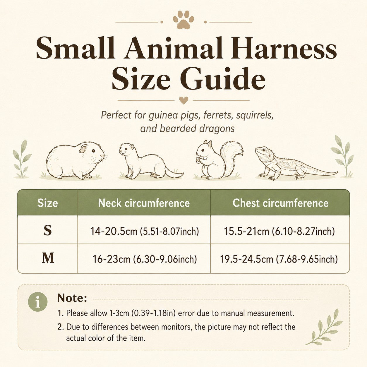 Mincy Pets small animal harness size guide chart for guinea pigs, ferrets, squirrels, and bearded dragons