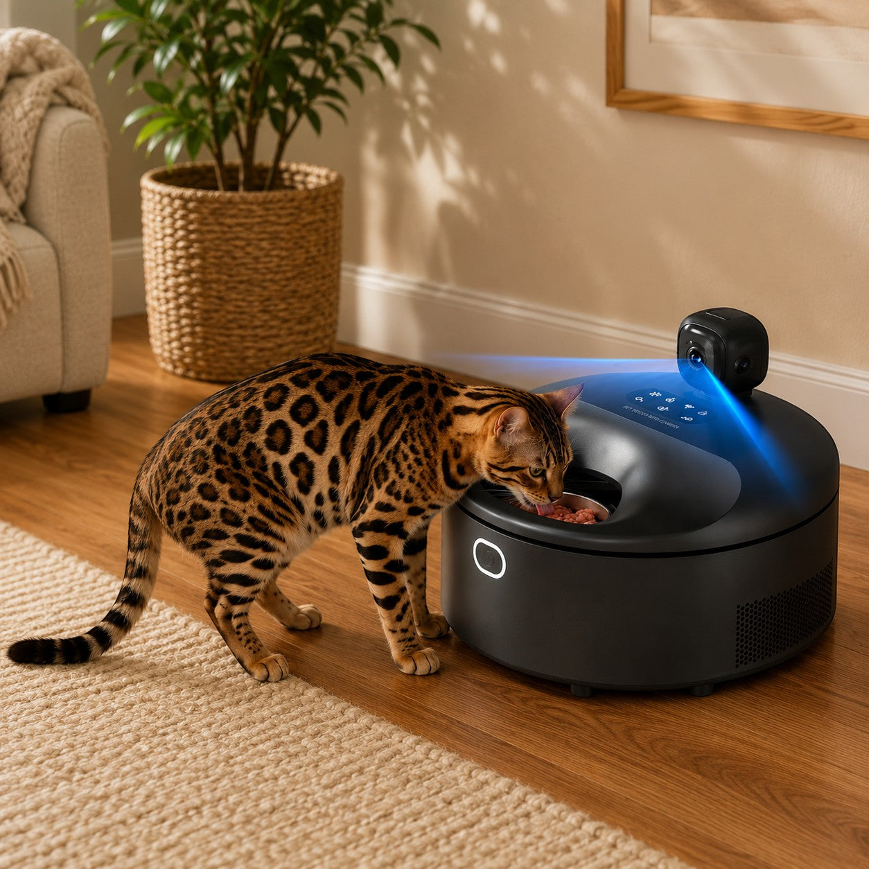 Mincy Pets smart chilled camera feeder in black, featuring a built-in camera for monitoring a cat eating wet food.