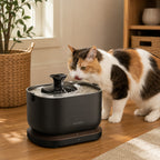 Mincy Pets smart WiFi cat water fountain with stainless steel tray and calico cat drinking in a home setting