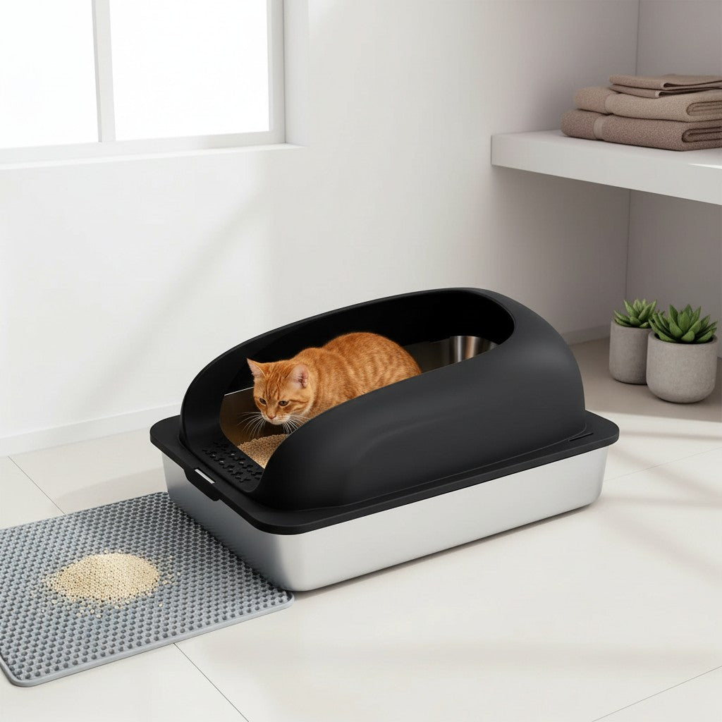 Mincy Pets stainless steel cat litter box with black lid, high walls, and grey litter mat in a modern home setting