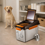 Mincy Pets stainless steel airtight dog food container with scoop, featuring a brown lid and 16lb capacity in a kitchen
