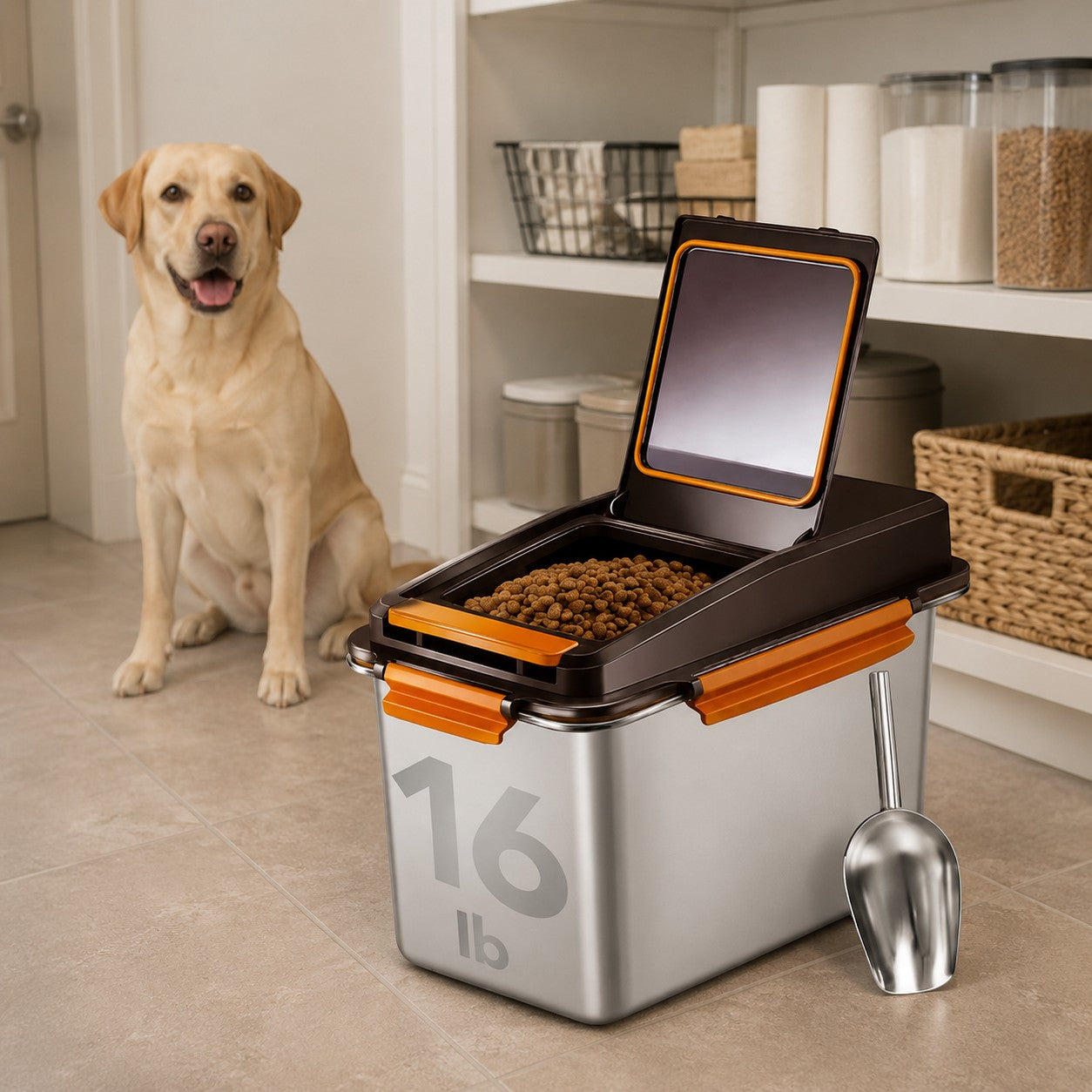 Mincy Pets stainless steel airtight dog food container with scoop, featuring a brown lid and 16lb capacity in a kitchen