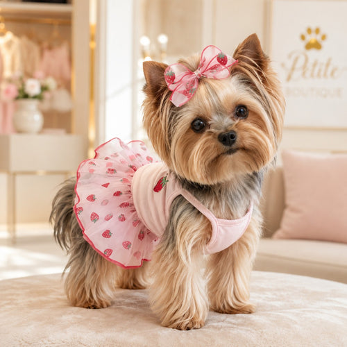 Mincy Pets strawberry print princess dress with tulle skirt and matching hair bow on a cute Yorkshire Terrier