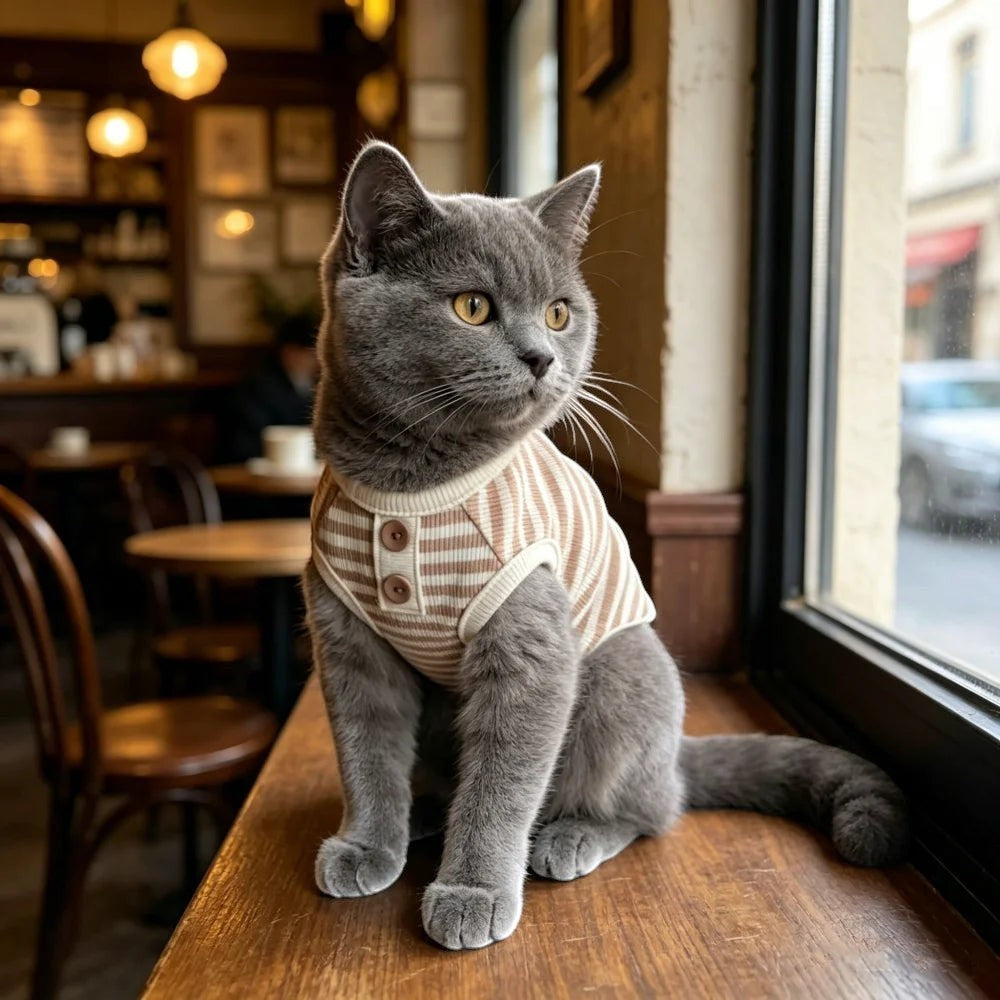 Mincy Pets striped knitted vest on a grey British Shorthair cat sitting by a cafe window
